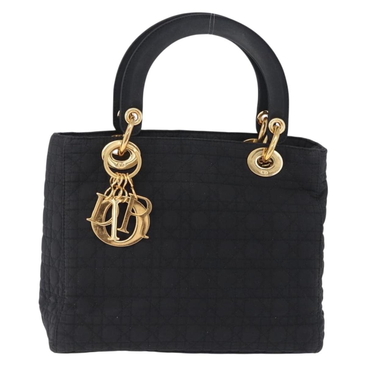 Christian Dior Lady Dior Canage Hand Bag Canvas Black Gold Auth 200447