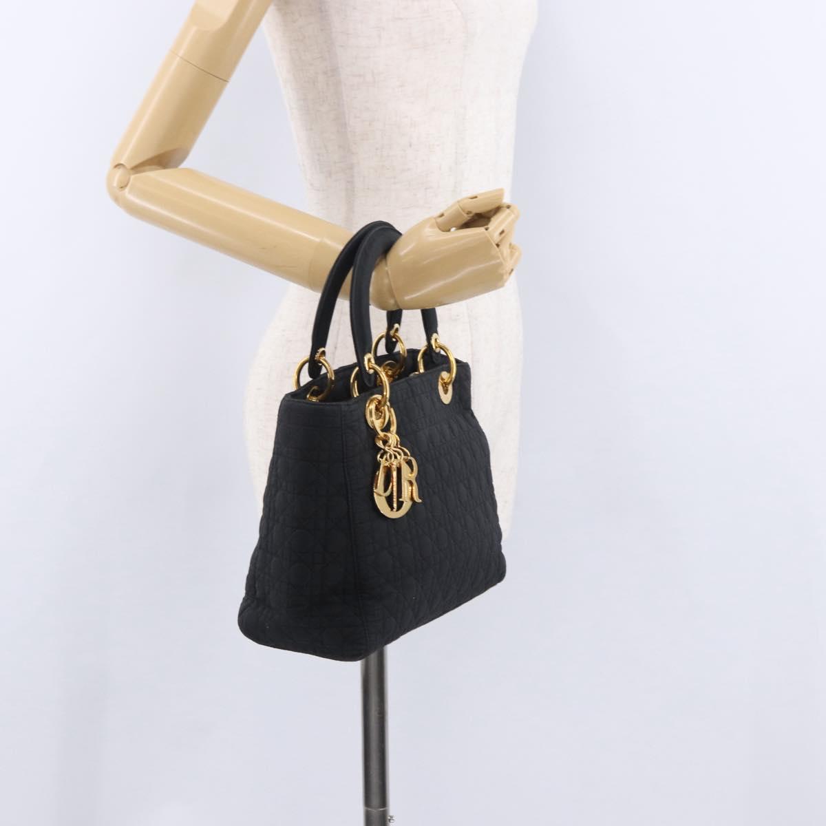 Christian Dior Lady Dior Canage Hand Bag Canvas Black Gold Auth 200447