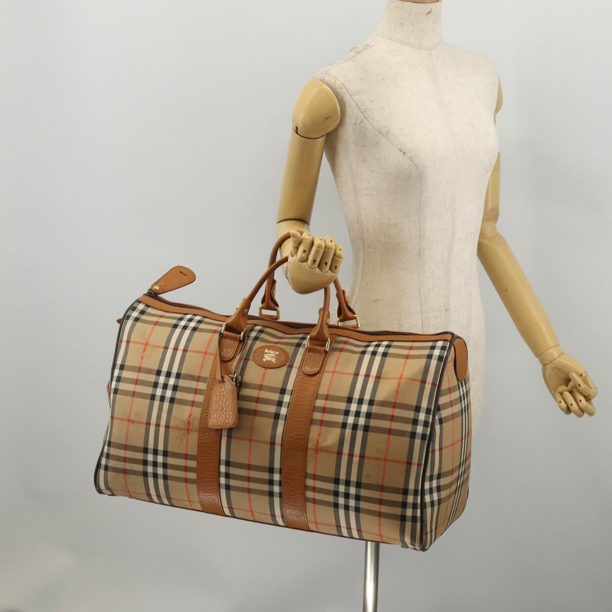 Burberrys Nova Check Boston Bag Canvas Beige Gold Auth 200449