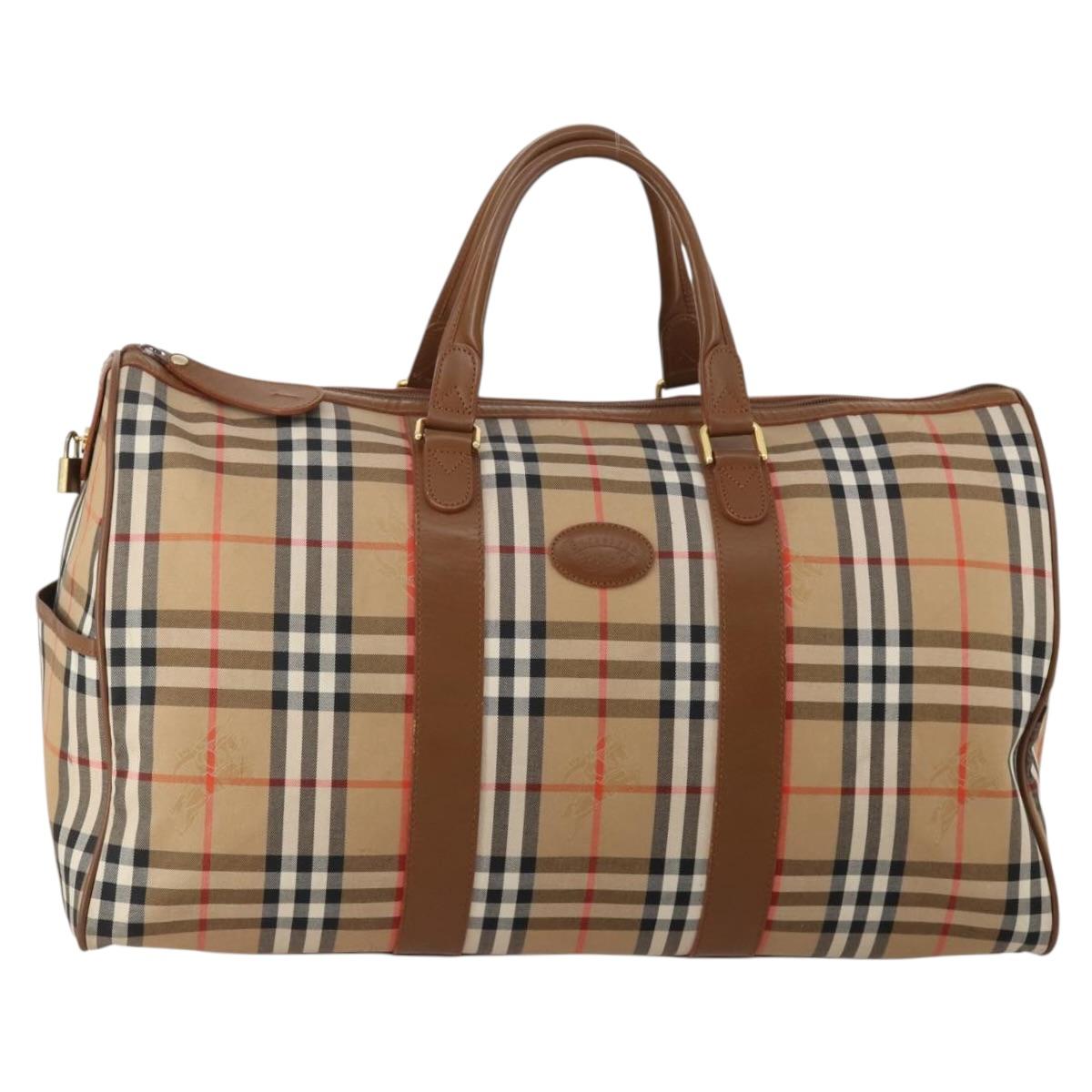 Burberrys Nova Check Boston Bag Canvas Beige Gold Auth 200460V