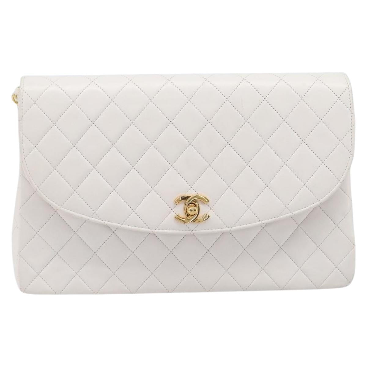 CHANEL Chain Matelasse Shoulder Bag Lamb Skin White Gold CC Auth 200466V