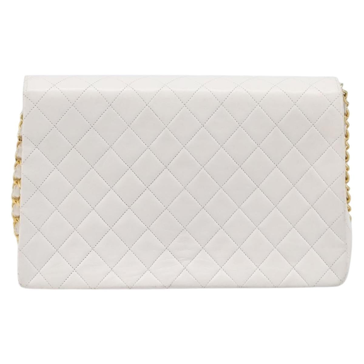 CHANEL Chain Matelasse Shoulder Bag Lamb Skin White Gold CC Auth 200466V