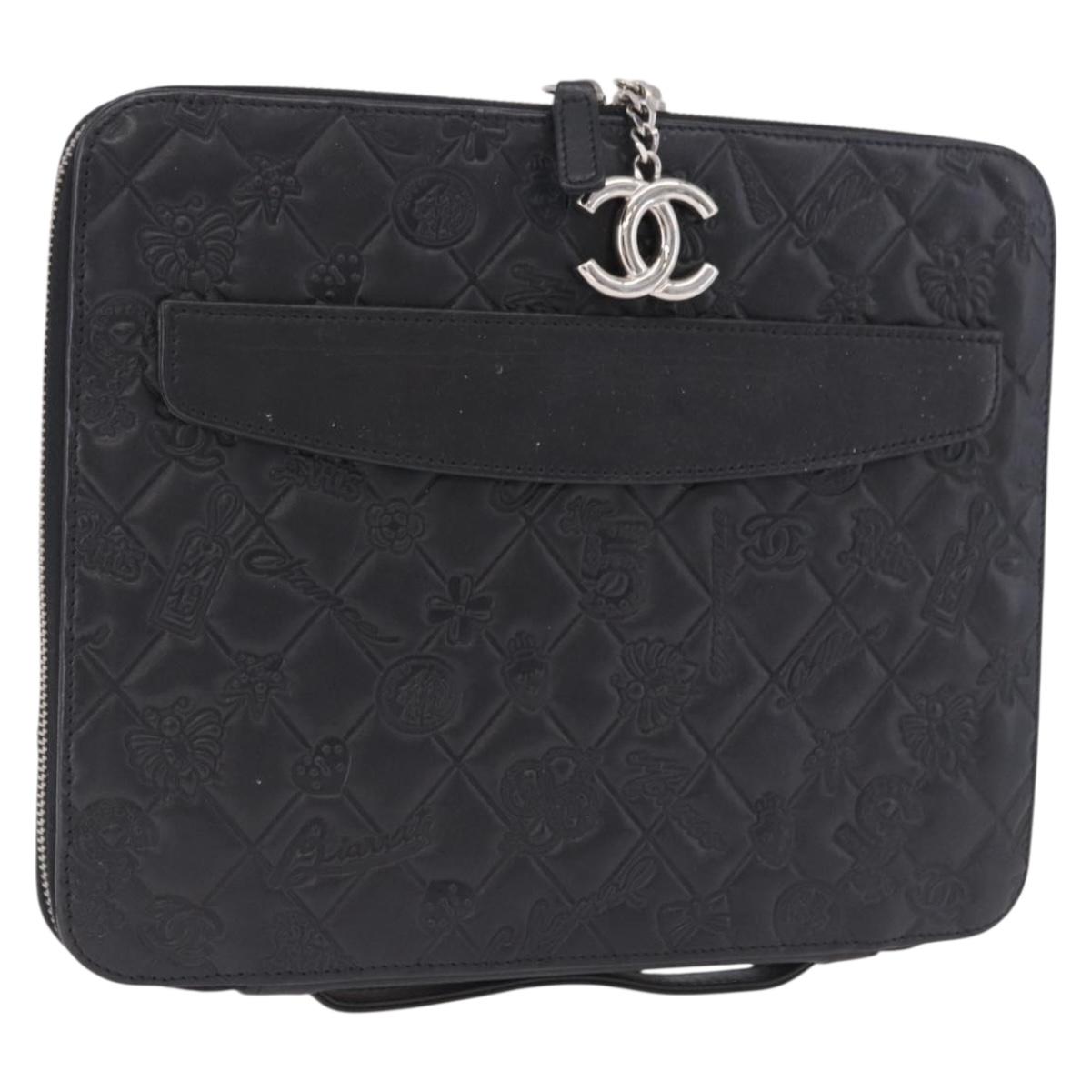 CHANEL Icon iPad Case Leather Black Gold CC Auth 200467