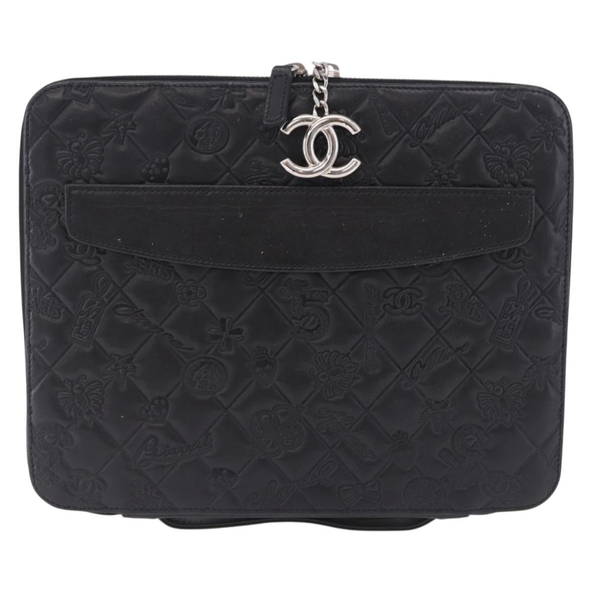 CHANEL Icon iPad Case Leather Black Gold CC Auth 200467