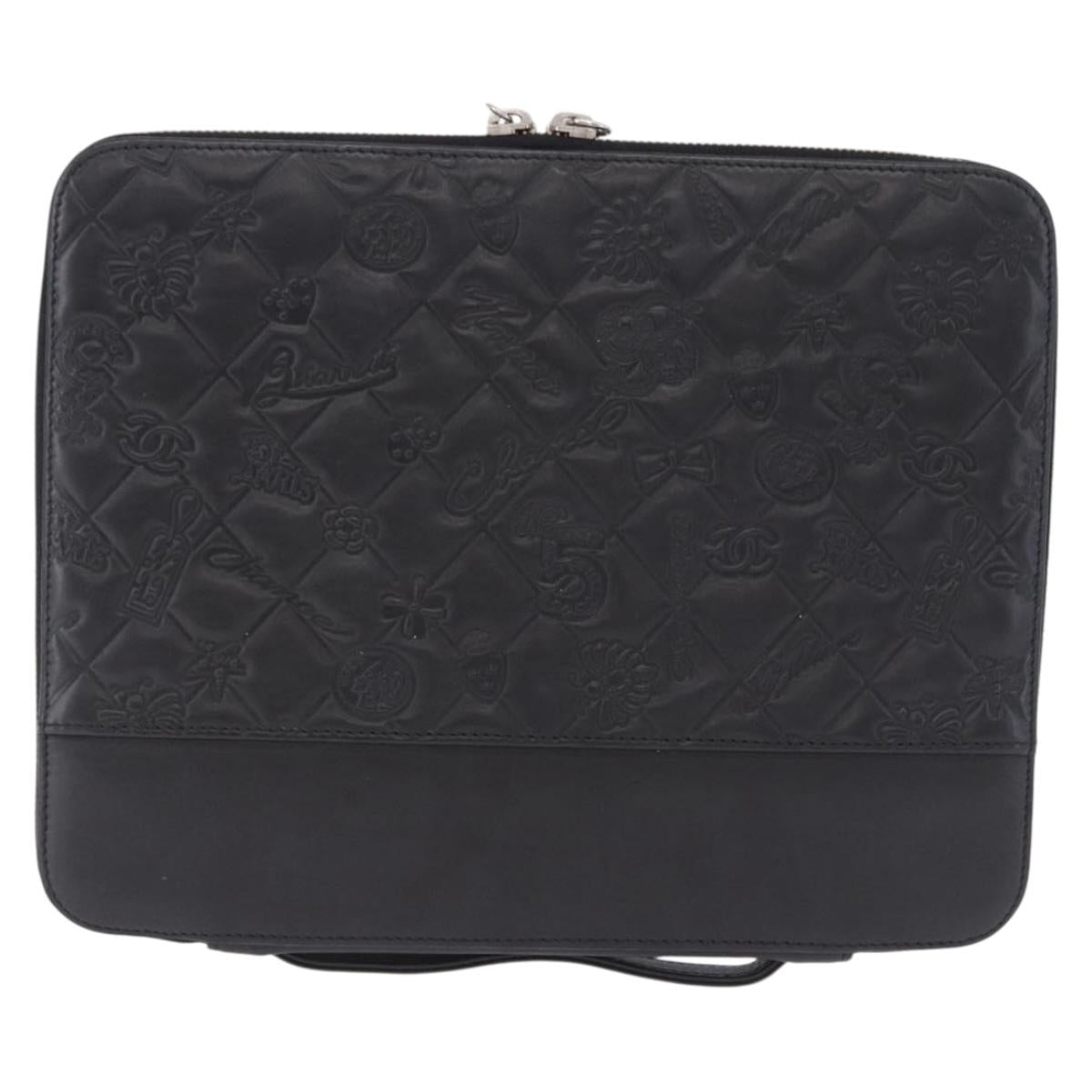 CHANEL Icon iPad Case Leather Black Gold CC Auth 200467
