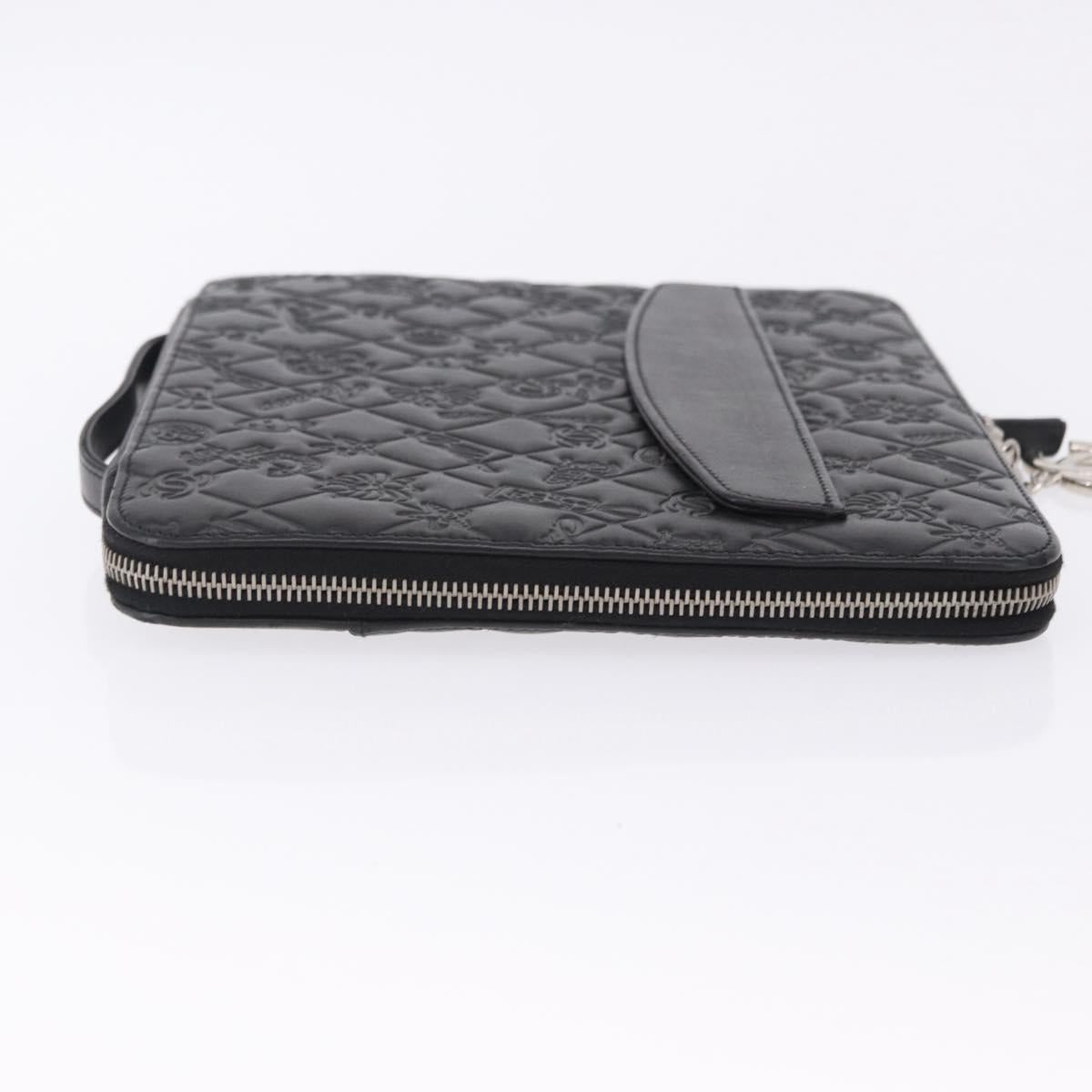 CHANEL Icon iPad Case Leather Black Gold CC Auth 200467
