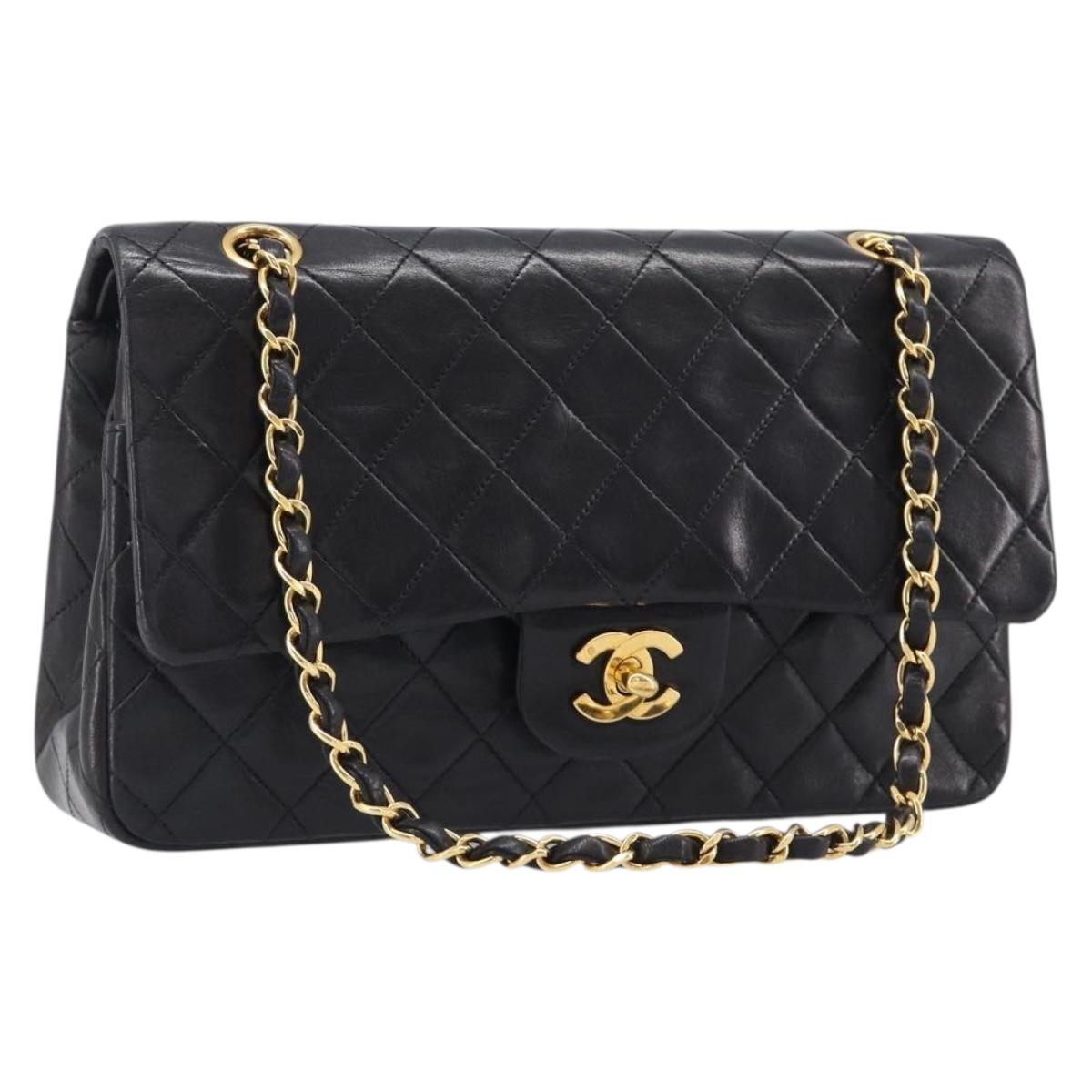 CHANEL Chain Matelasse 25 Shoulder Bag Lamb Skin Black Gold CC Auth 200477SAM