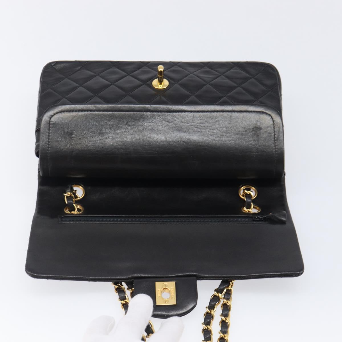 CHANEL Chain Matelasse 25 Shoulder Bag Lamb Skin Black Gold CC Auth 200477SAM