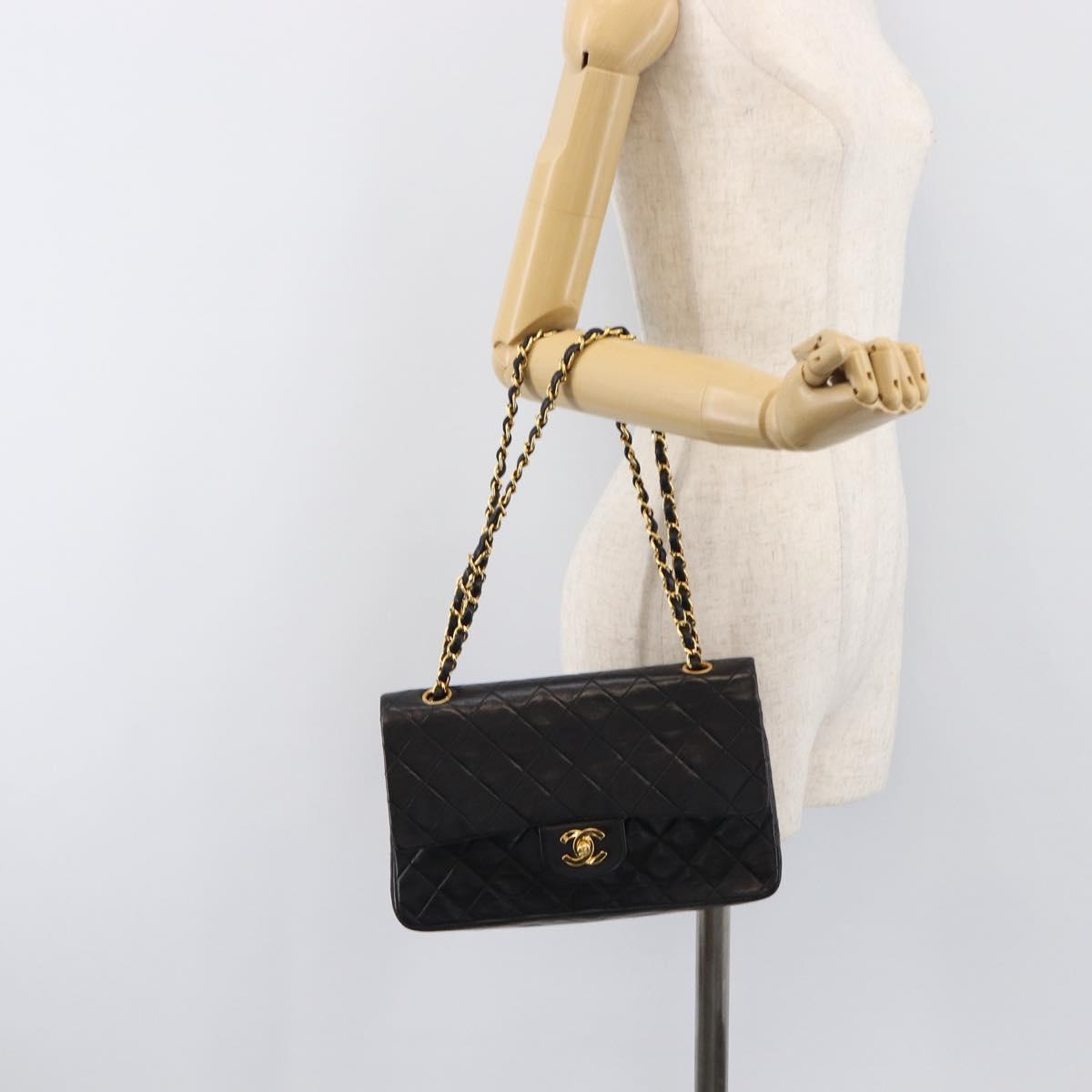 CHANEL Chain Matelasse 25 Shoulder Bag Lamb Skin Black Gold CC Auth 200477SAM