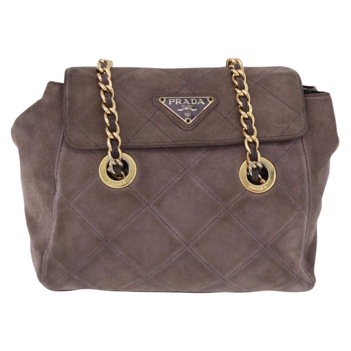 PRADA Chain Shoulder Bag Suede Gray Gold Auth 200488