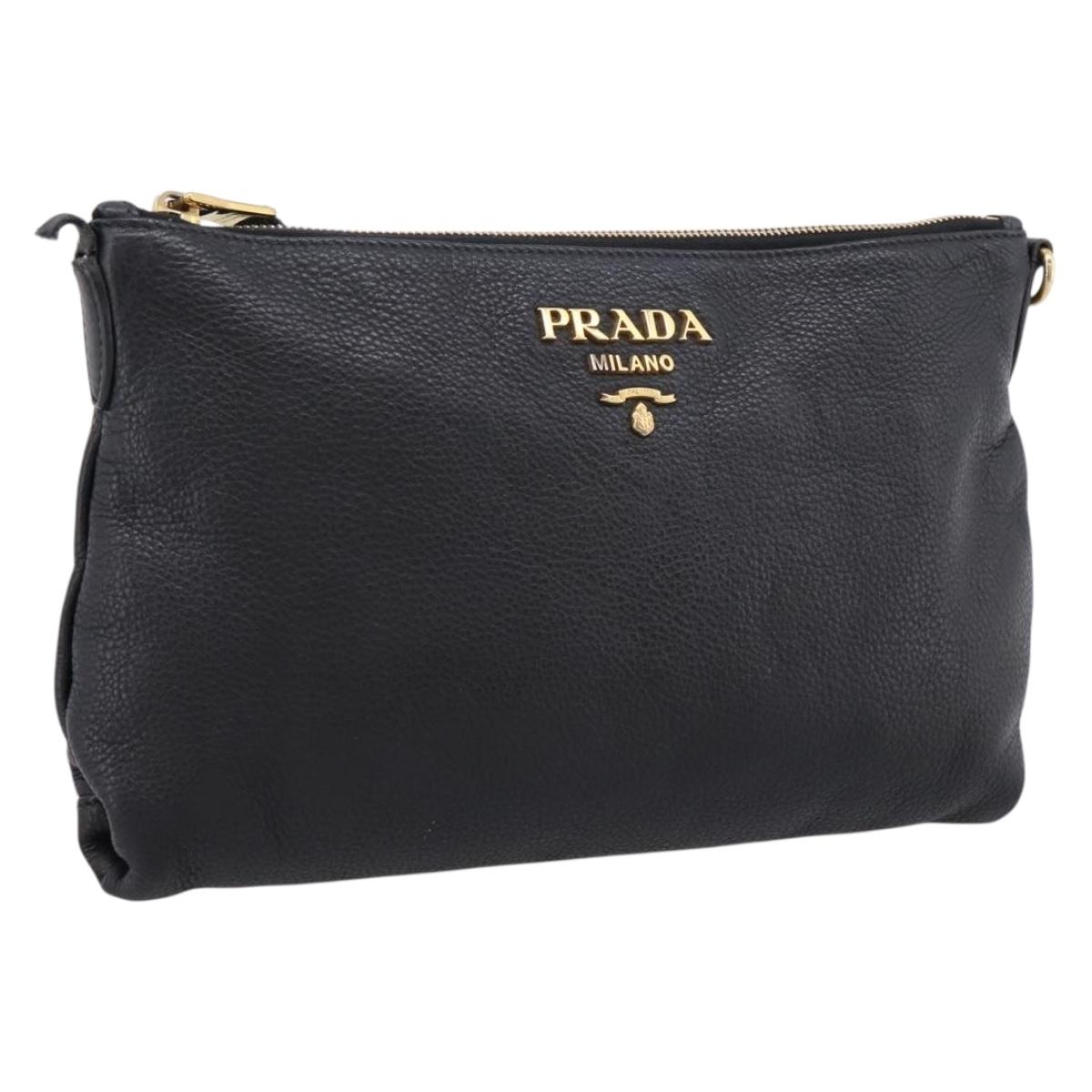 PRADA Clutch Bag Vittero Dino Leather Black Gold Auth 200490