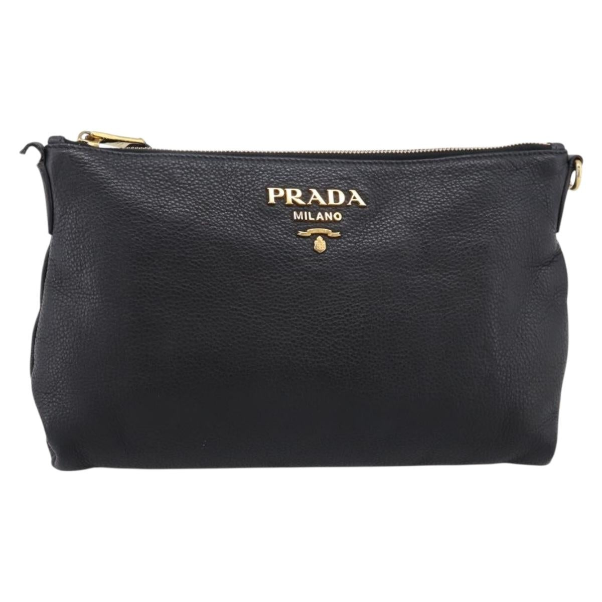 PRADA Clutch Bag Vittero Dino Leather Black Gold Auth 200490