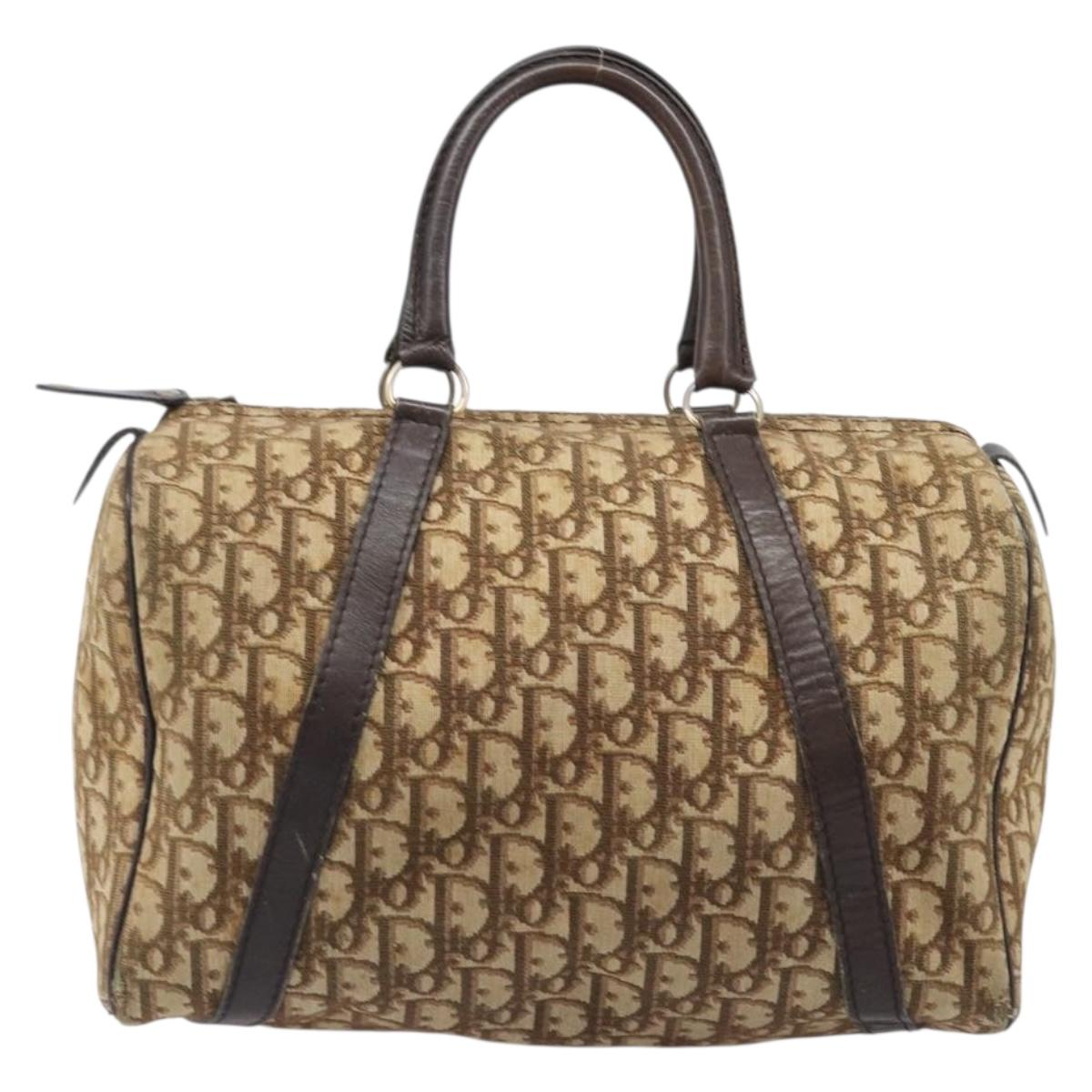Christian Dior Trotter Canvas Boston Bag Beige Gold Auth 200492