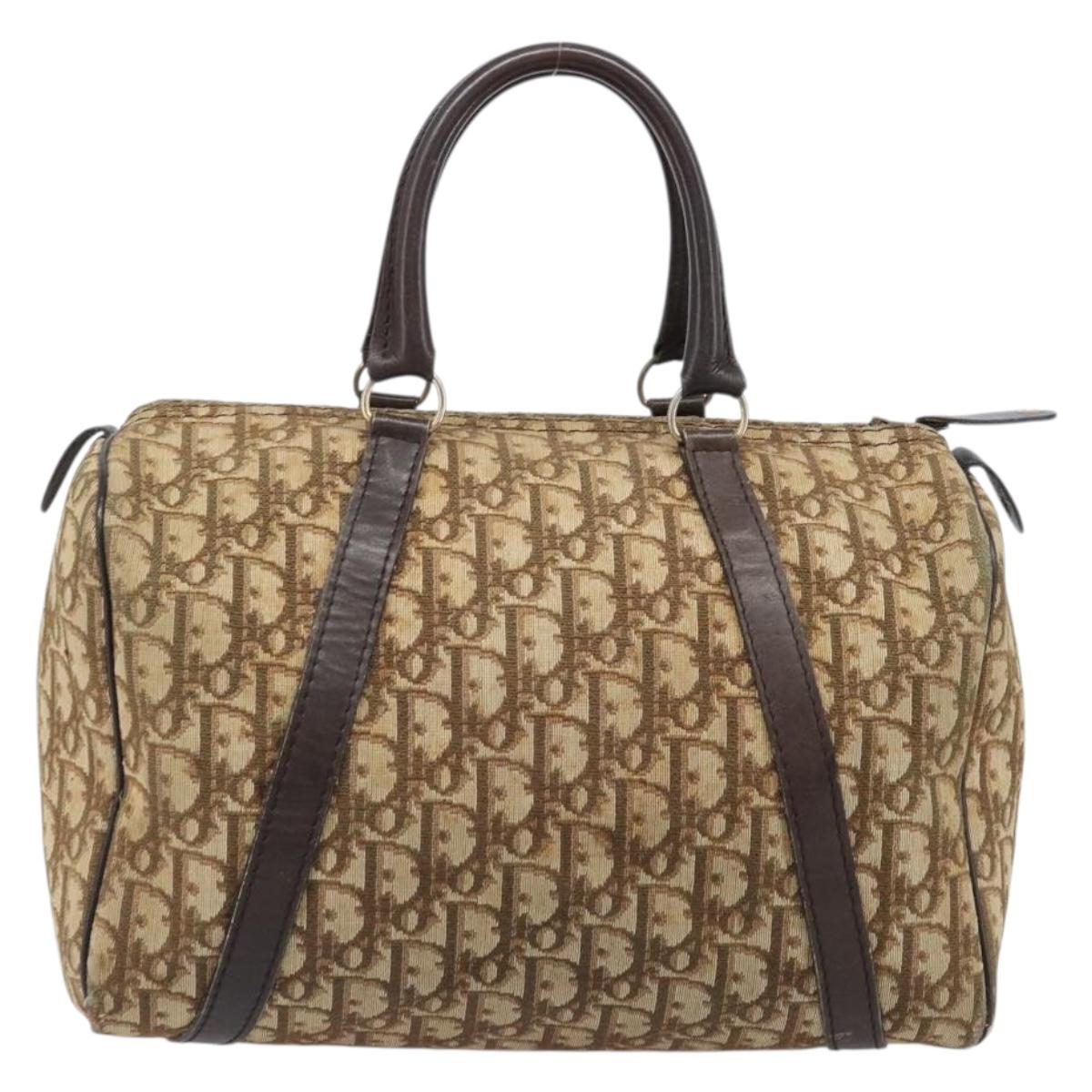 Christian Dior Trotter Canvas Boston Bag Beige Gold Auth 200492