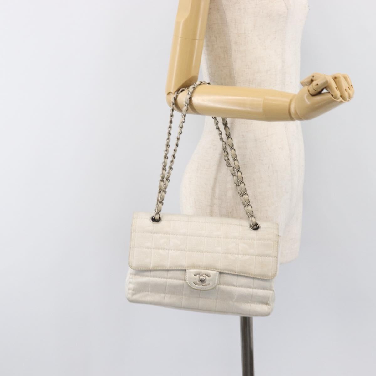 CHANEL Choco Bar Chain Shoulder Bag Nylon Silver CC Auth 200496A
