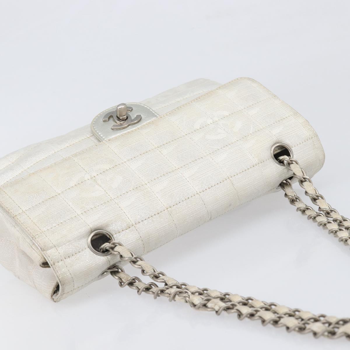CHANEL Choco Bar Chain Shoulder Bag Nylon Silver CC Auth 200496A