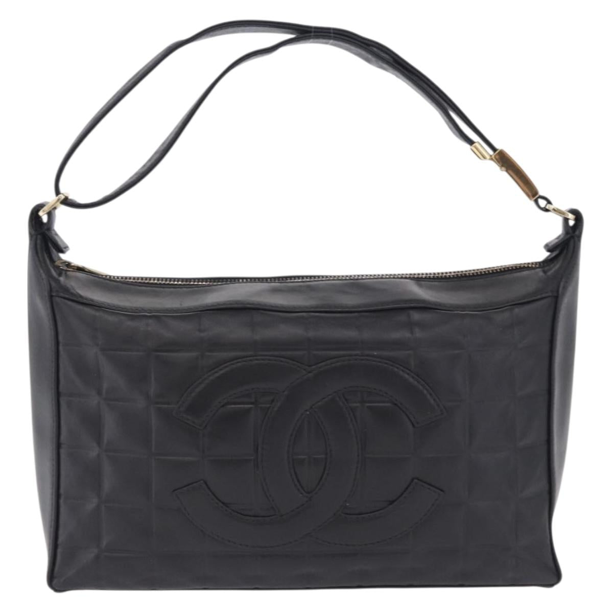 CHANEL Choco Bar Shoulder Bag Lamb Skin Black Gold CC Auth 200511V