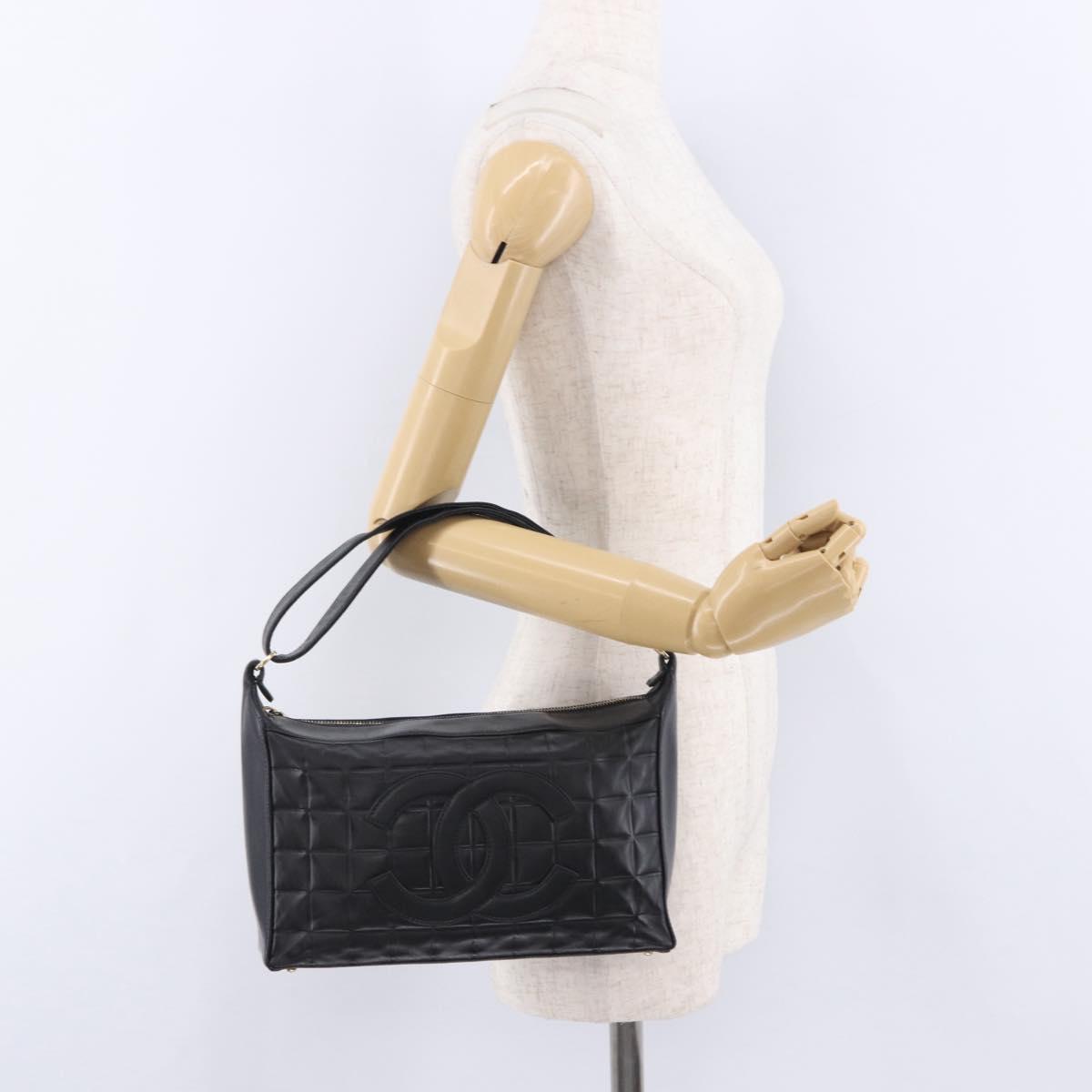 CHANEL Choco Bar Shoulder Bag Lamb Skin Black Gold CC Auth 200511V