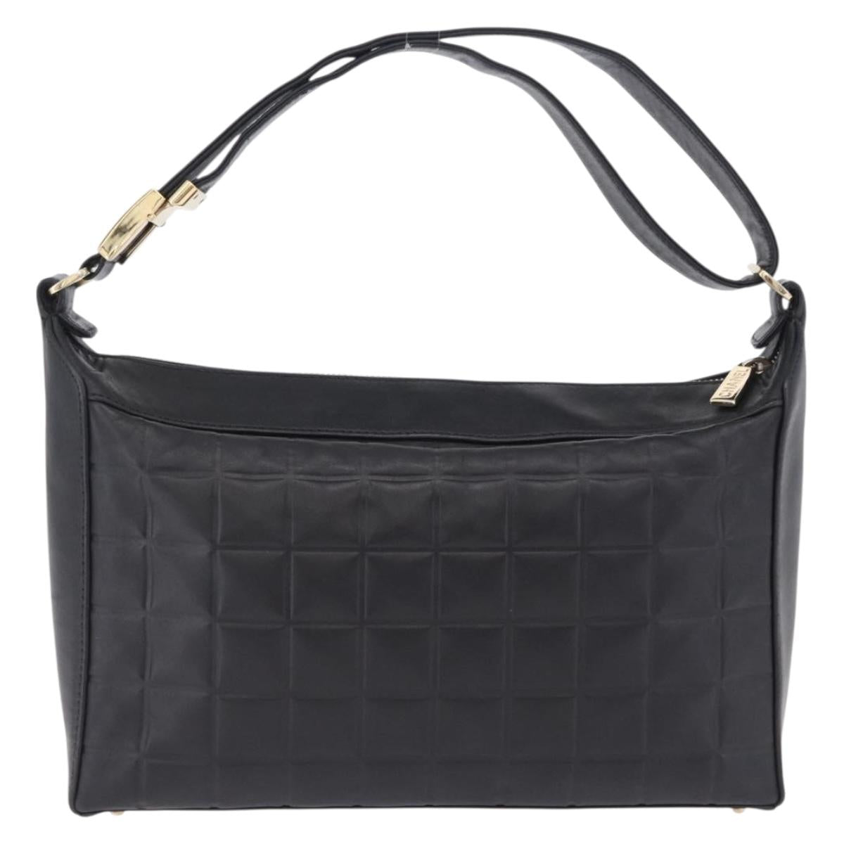 CHANEL Choco Bar Shoulder Bag Lamb Skin Black Gold CC Auth 200511V