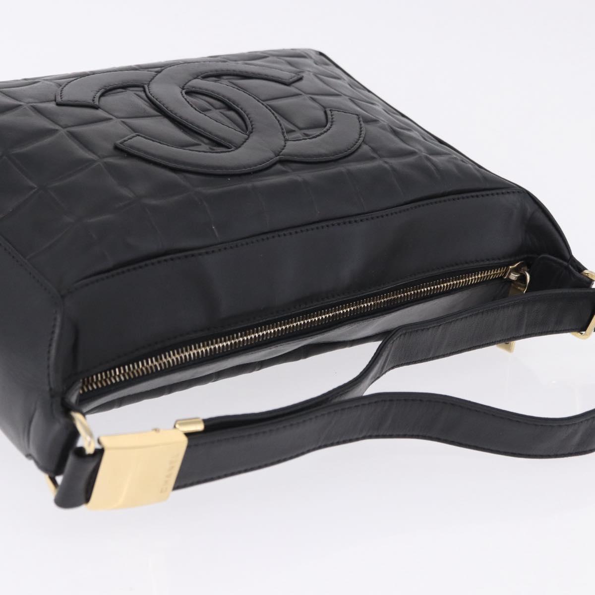 CHANEL Choco Bar Shoulder Bag Lamb Skin Black Gold CC Auth 200511V