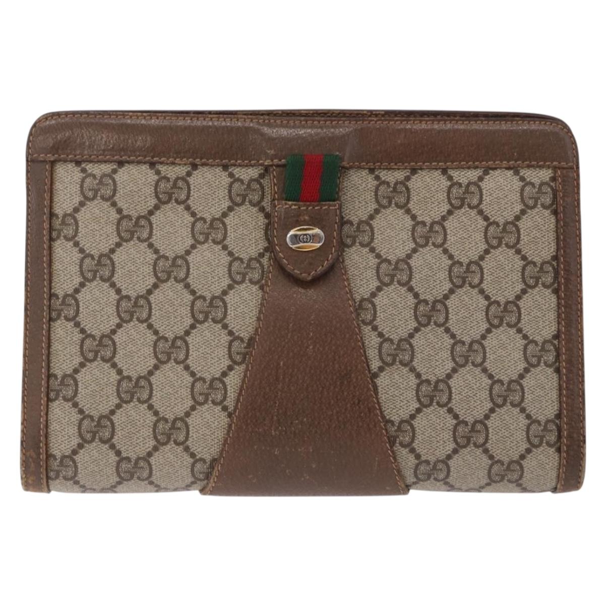 GUCCI GG Supreme Web Sherry Line Clutch Bag PVC Beige Gold 89 01 032 Auth 200512