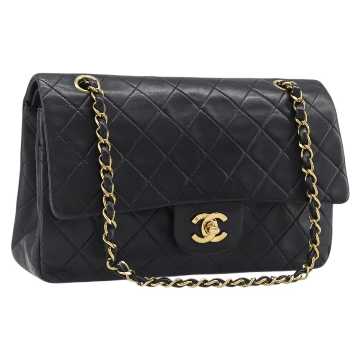 CHANEL Chain Matelasse 25 Shoulder Bag Lamb Skin Black Gold CC Auth 200542SAM