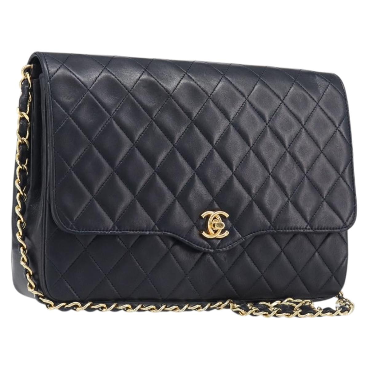 CHANEL Matelasse Chain Shoulder Bag Lamb Skin Black Gold CC Auth 200544V