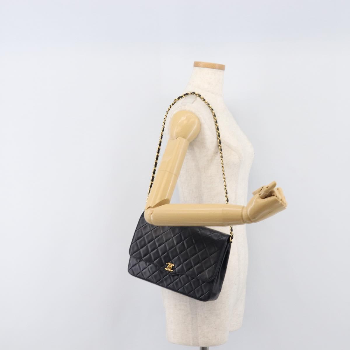 CHANEL Matelasse Chain Shoulder Bag Lamb Skin Black Gold CC Auth 200544V