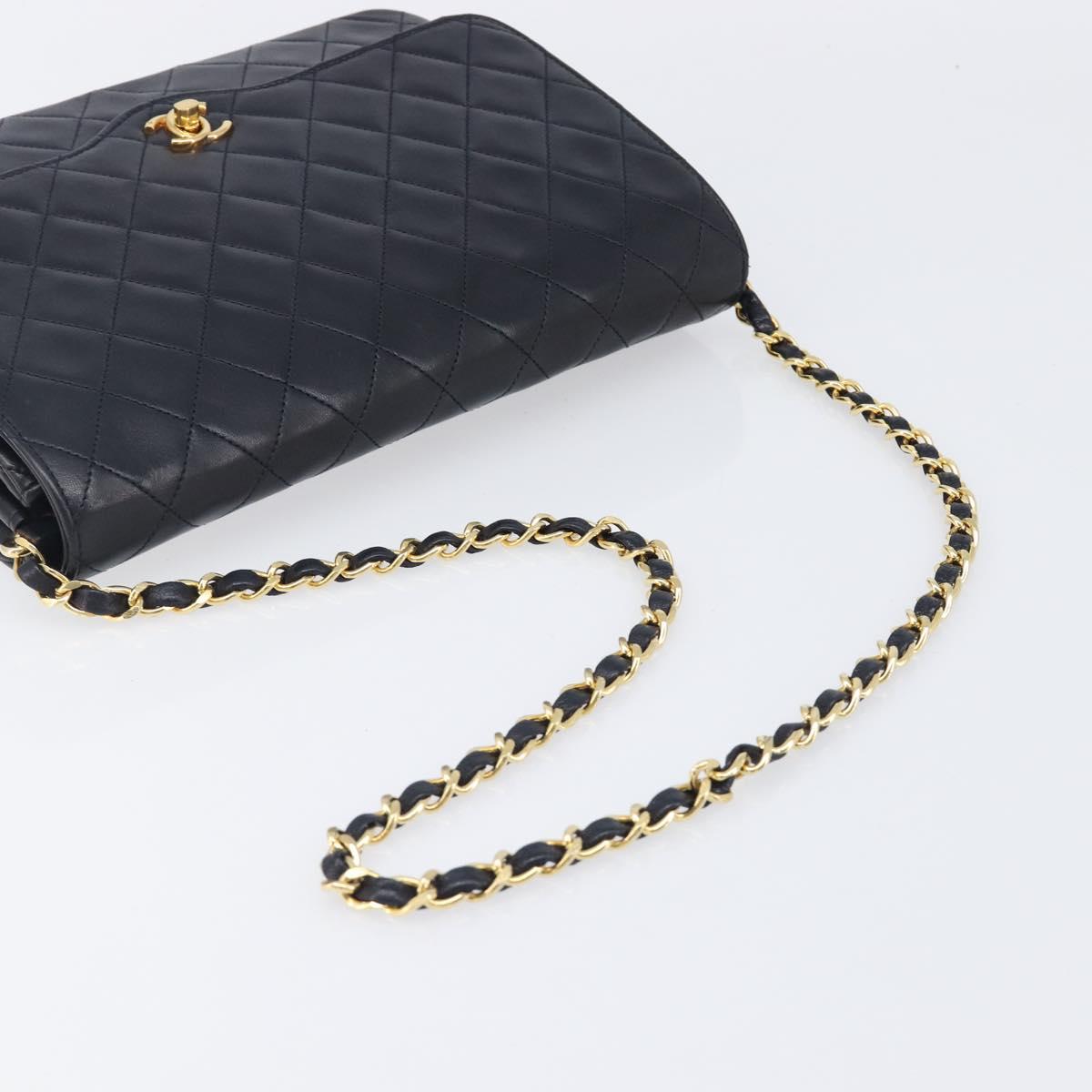 CHANEL Matelasse Chain Shoulder Bag Lamb Skin Black Gold CC Auth 200544V