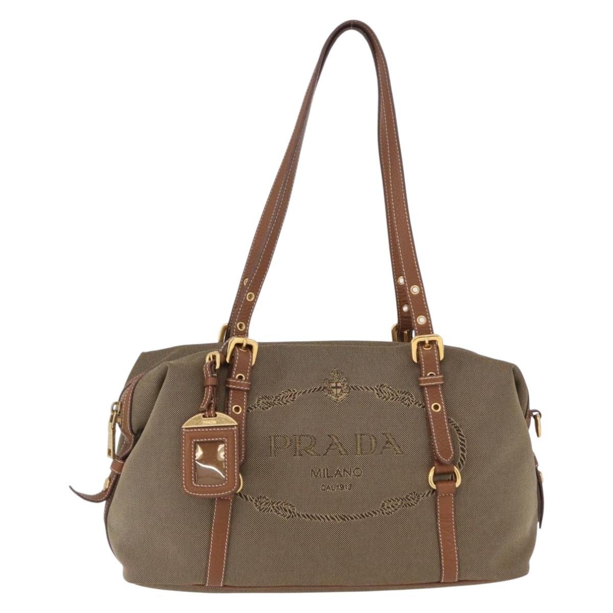 PRADA Tote Bag Canvas Jacquard Beige Gold Auth 200549M