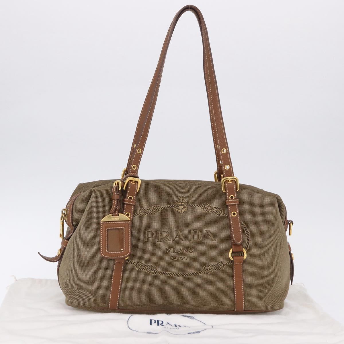 PRADA Tote Bag Canvas Jacquard Beige Gold Auth 200549M