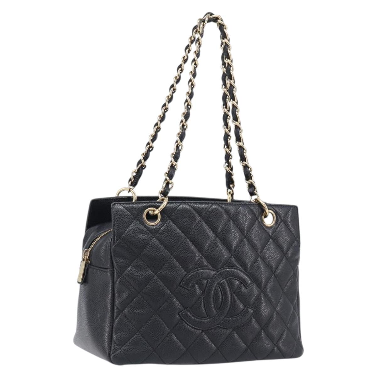 CHANEL Chain Matelasse Shoulder Bag Caviar Skin Black Gold CC Auth 200552M
