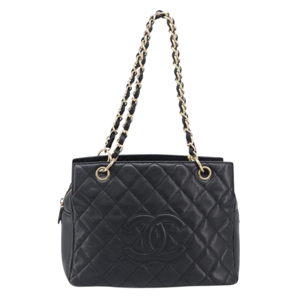 CHANEL Chain Matelasse Shoulder Bag Caviar Skin Black Gold CC Auth 200552M