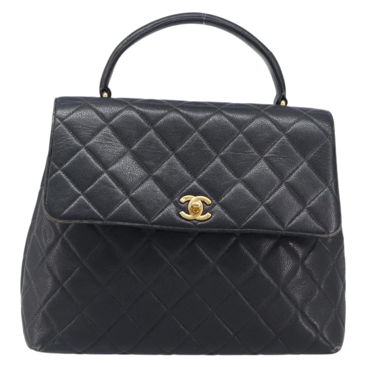 CHANEL Matelasse Hand Bag Caviar Skin Black Gold CC Auth 200555