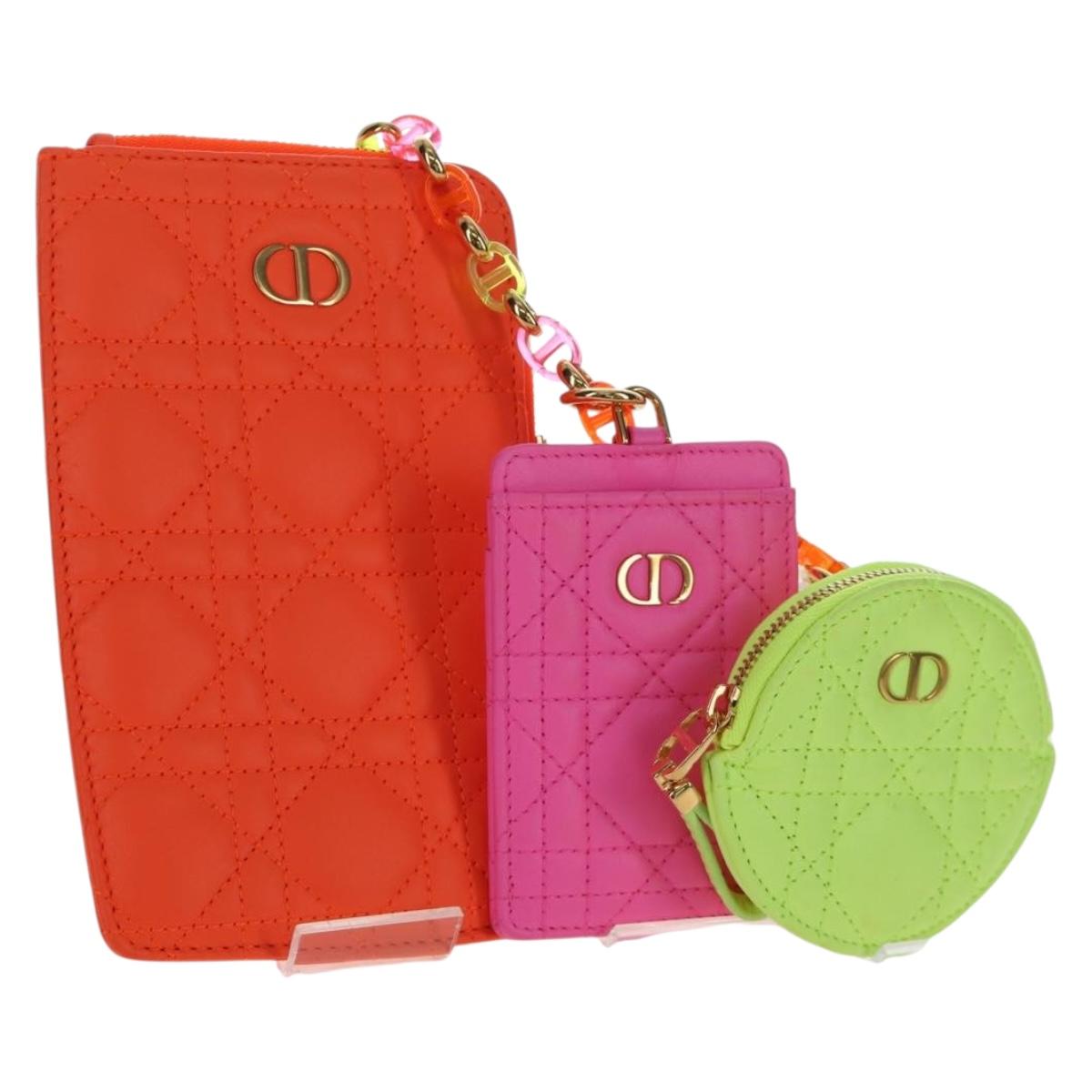 Christian Dior Canage Caro Trio Pouch Lamb Skin Multicolor Gold Auth 200565M