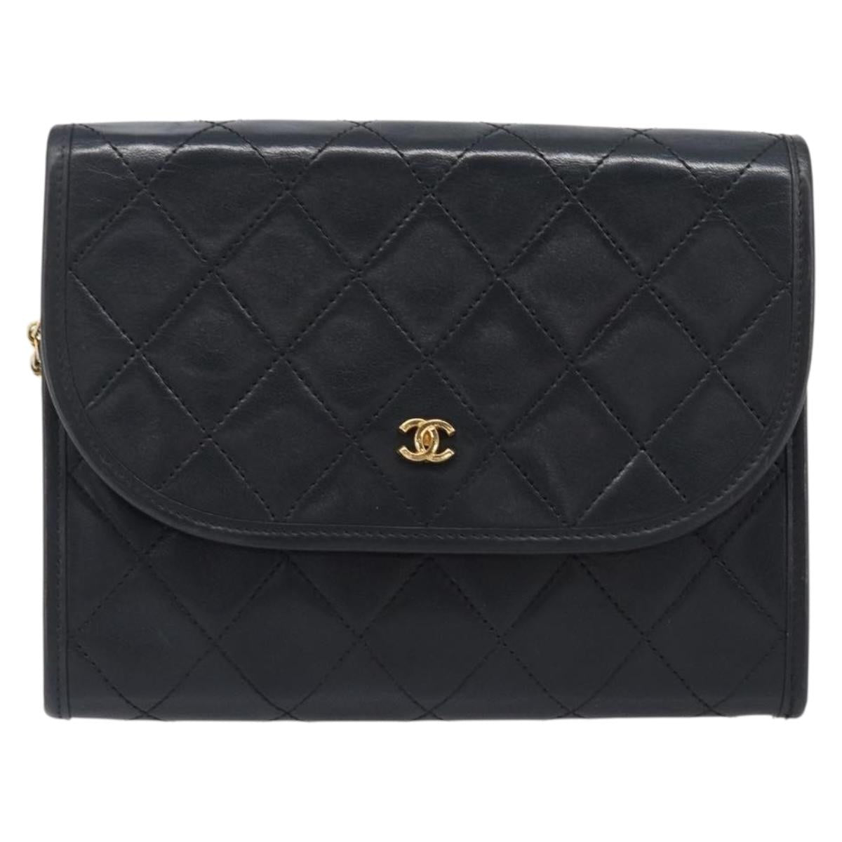 CHANEL Matelasse Chain Shoulder Bag Lamb Skin Black Gold CC Auth 200579V