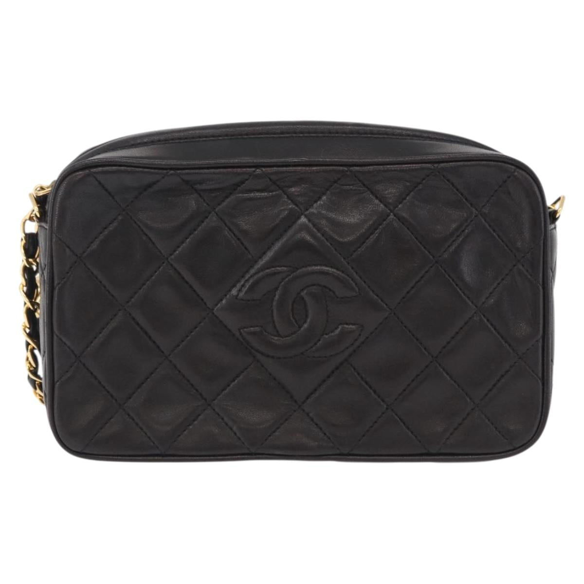 CHANEL Matelasse Chain Shoulder Bag Lamb Skin Black Gold CC Auth 200580V