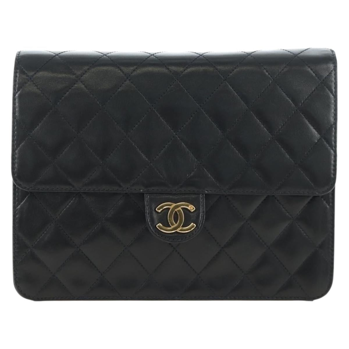 CHANEL Chain Matelasse Shoulder Bag Lamb Skin Black Gold CC Auth 200581SAM