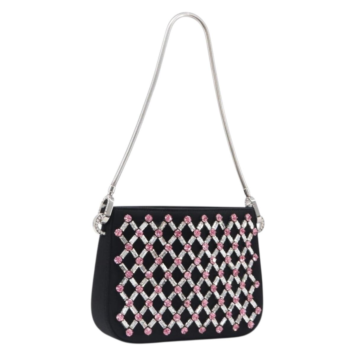 Miu Miu Sassy Chain Shoulder Bag Satin Black Silver Auth 200582M