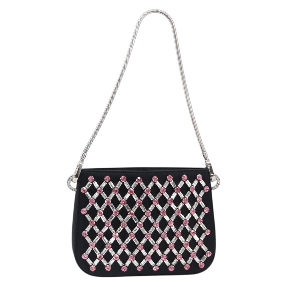 Miu Miu Sassy Chain Shoulder Bag Satin Black Silver Auth 200582M