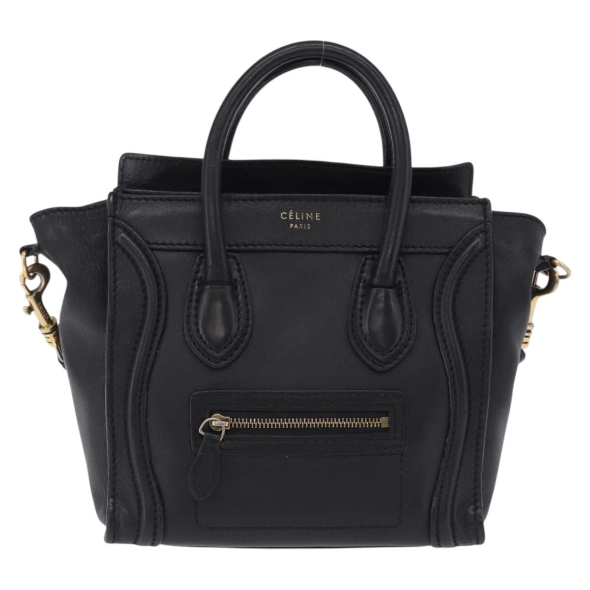 CELINE Luggage Nano Shopper Hand Bag Leather 2way Black Gold Auth 200587M