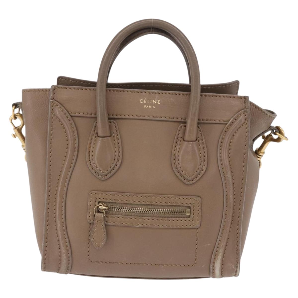 CELINE Luggage Nano Shopper Hand Bag Leather 2way Beige Gold Auth 200630A