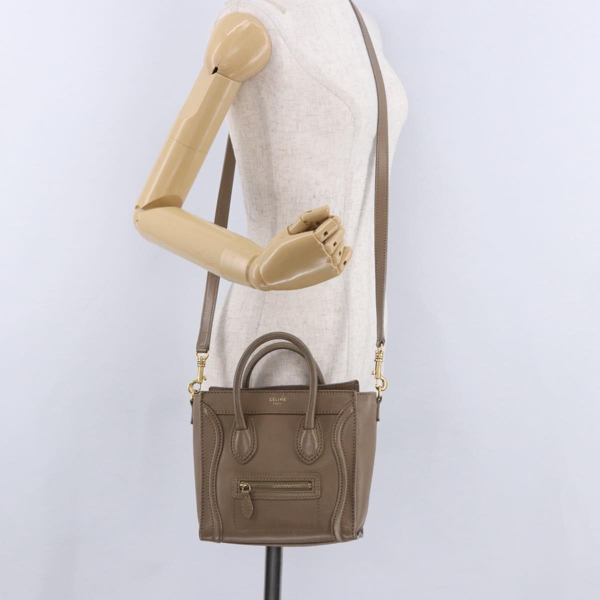 CELINE Luggage Nano Shopper Hand Bag Leather 2way Beige Gold Auth 200630A