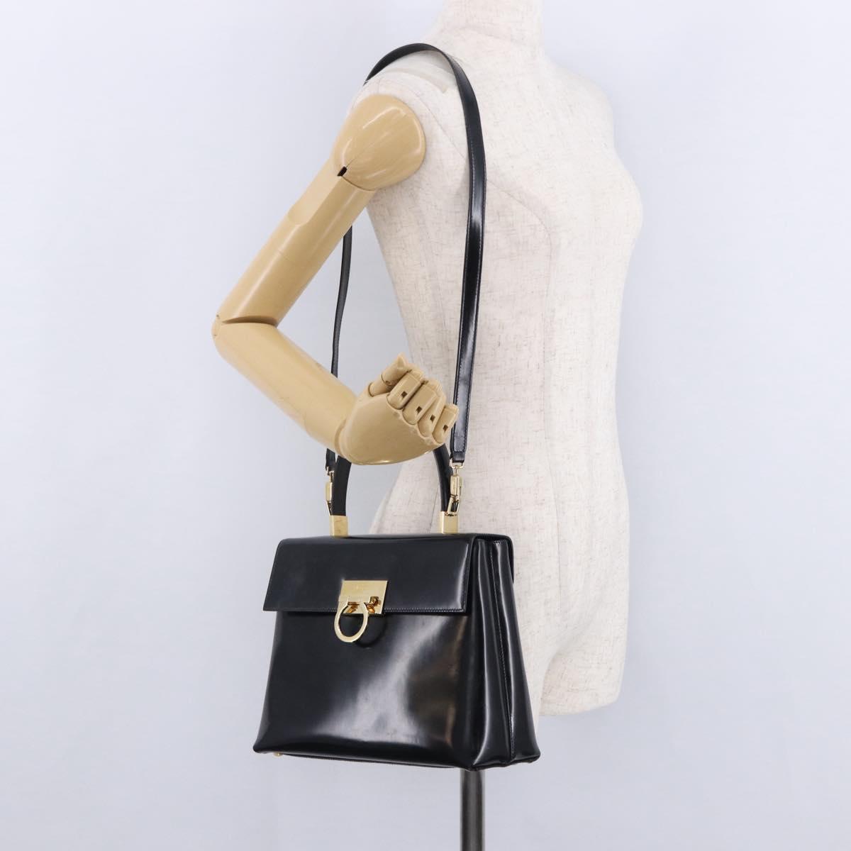 Salvatore Ferragamo Gancini Hand Bag Patent 2way Black Gold Tone Auth 200642