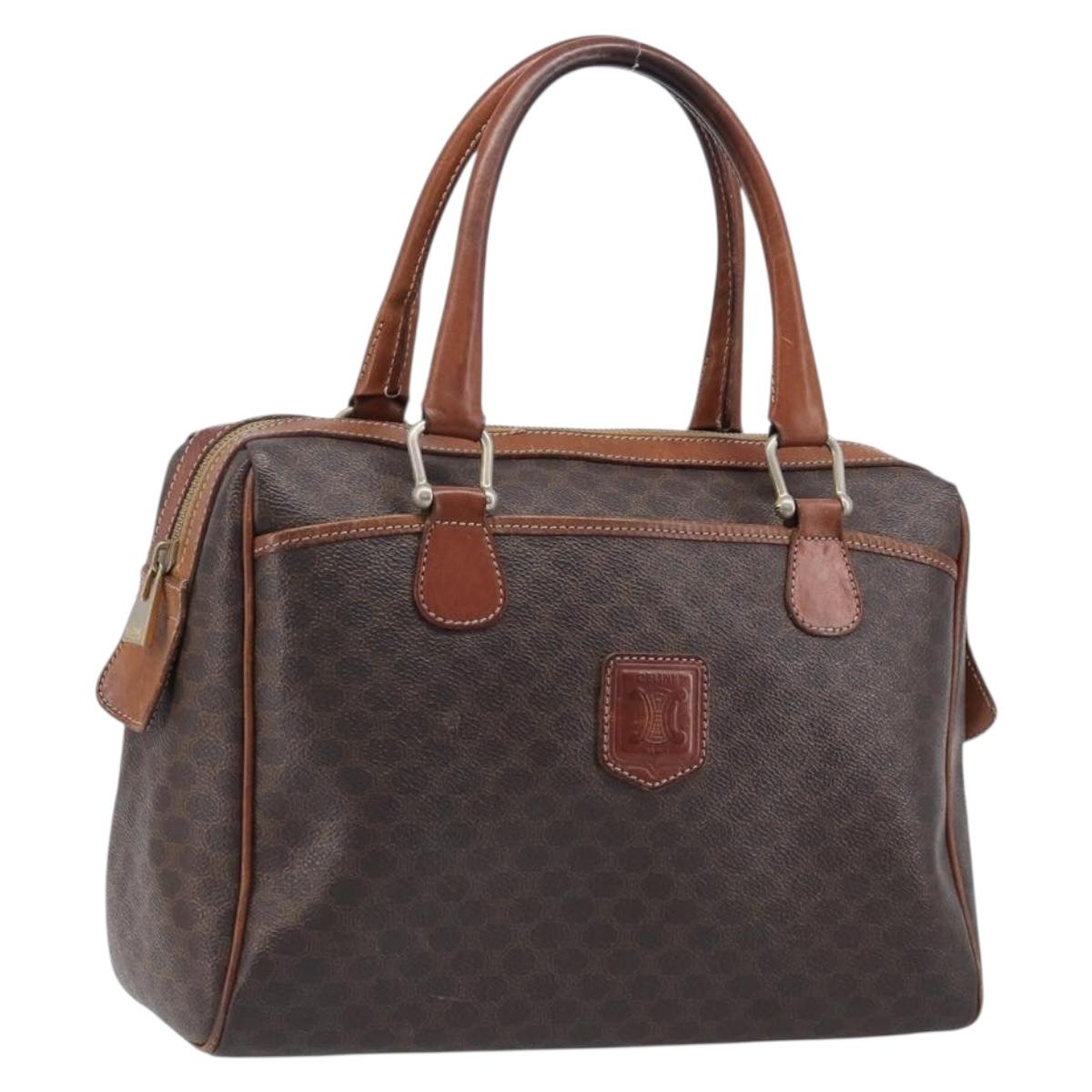 CELINE Macadam Canvas Boston Bag PVC Leather Brown Gold Auth 200674