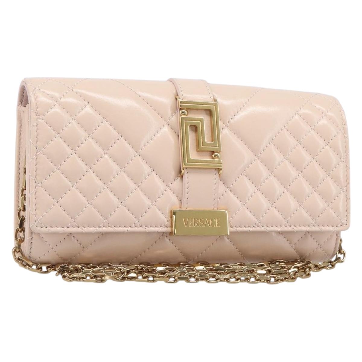 VERSACE Chain Shoulder Wallet Greca Goddess Leather Pink Gold Auth 200687V