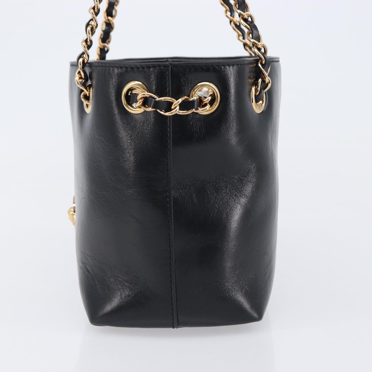 VERSACE Chain Shoulder Bag Leather Black Gold Auth 200691V