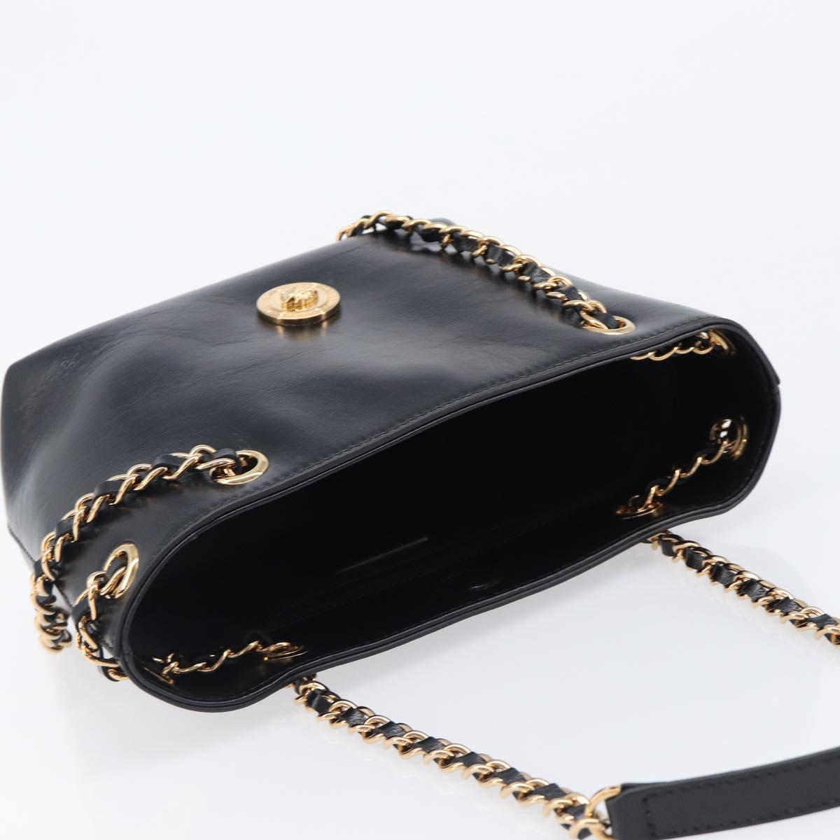 VERSACE Chain Shoulder Bag Leather Black Gold Auth 200691V