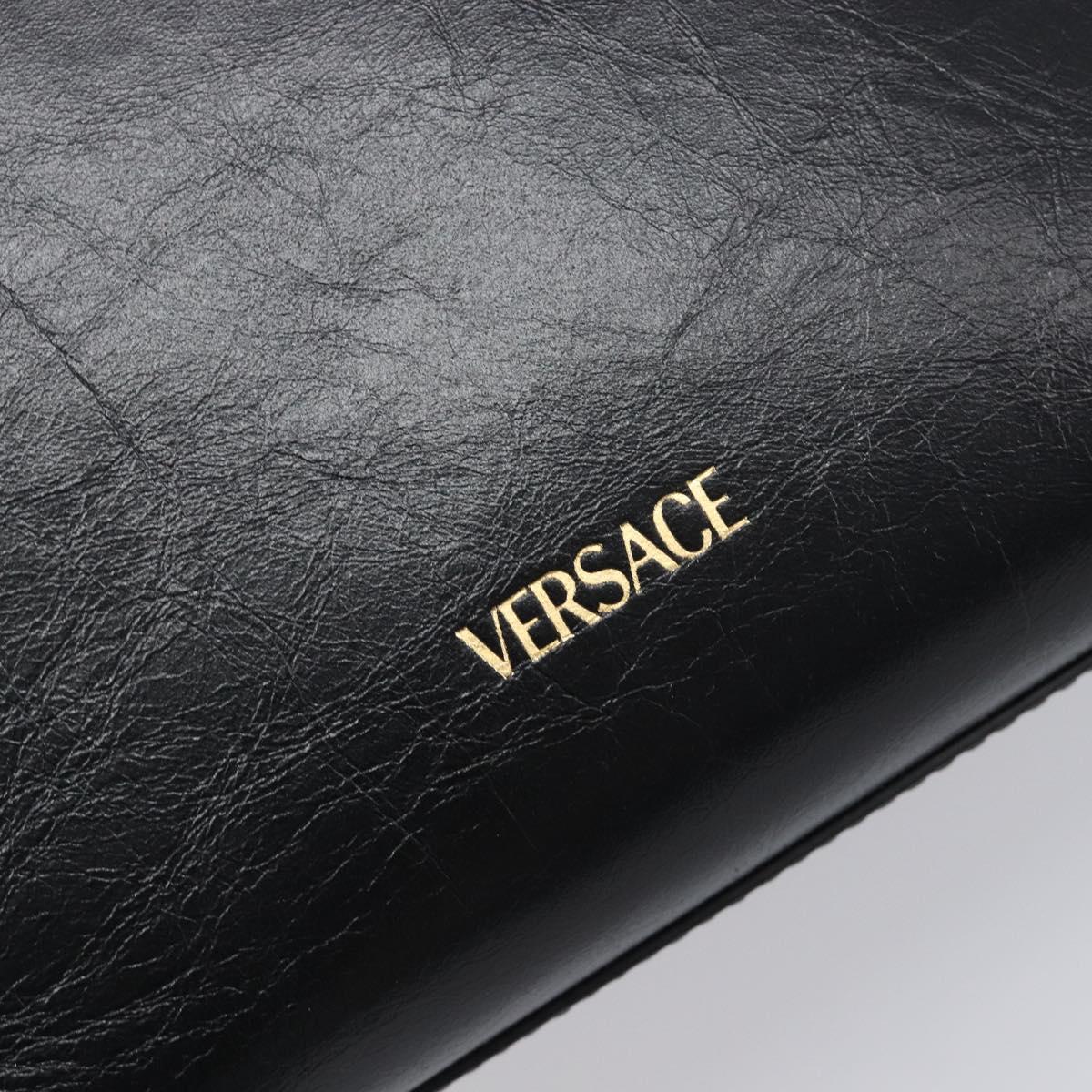VERSACE Chain Shoulder Bag Leather Black Gold Auth 200692V