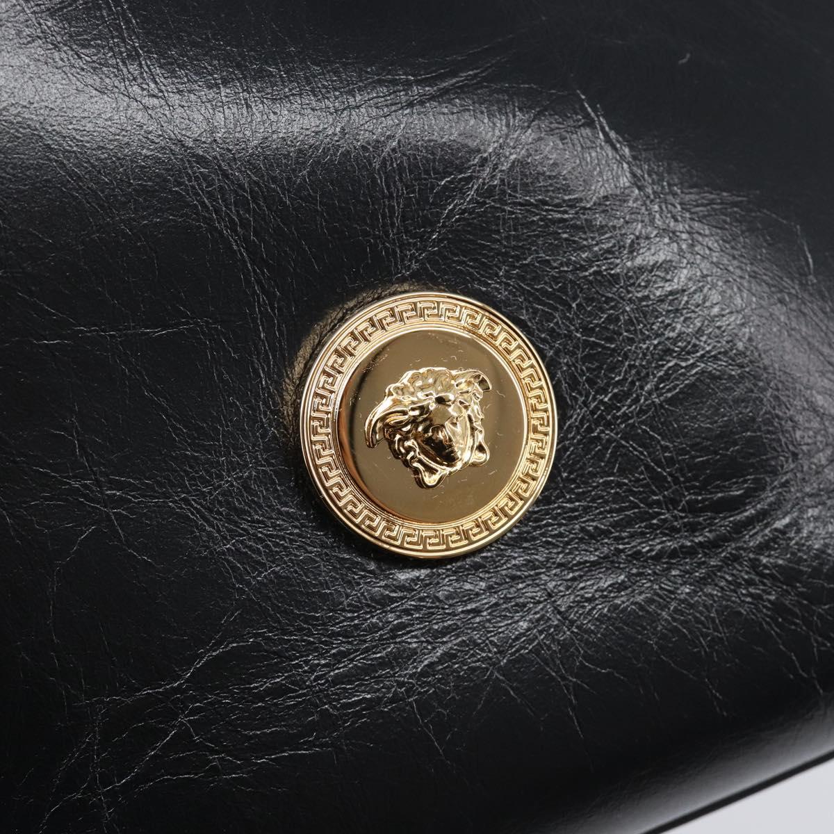 VERSACE Chain Shoulder Bag Leather Black Gold Auth 200692V